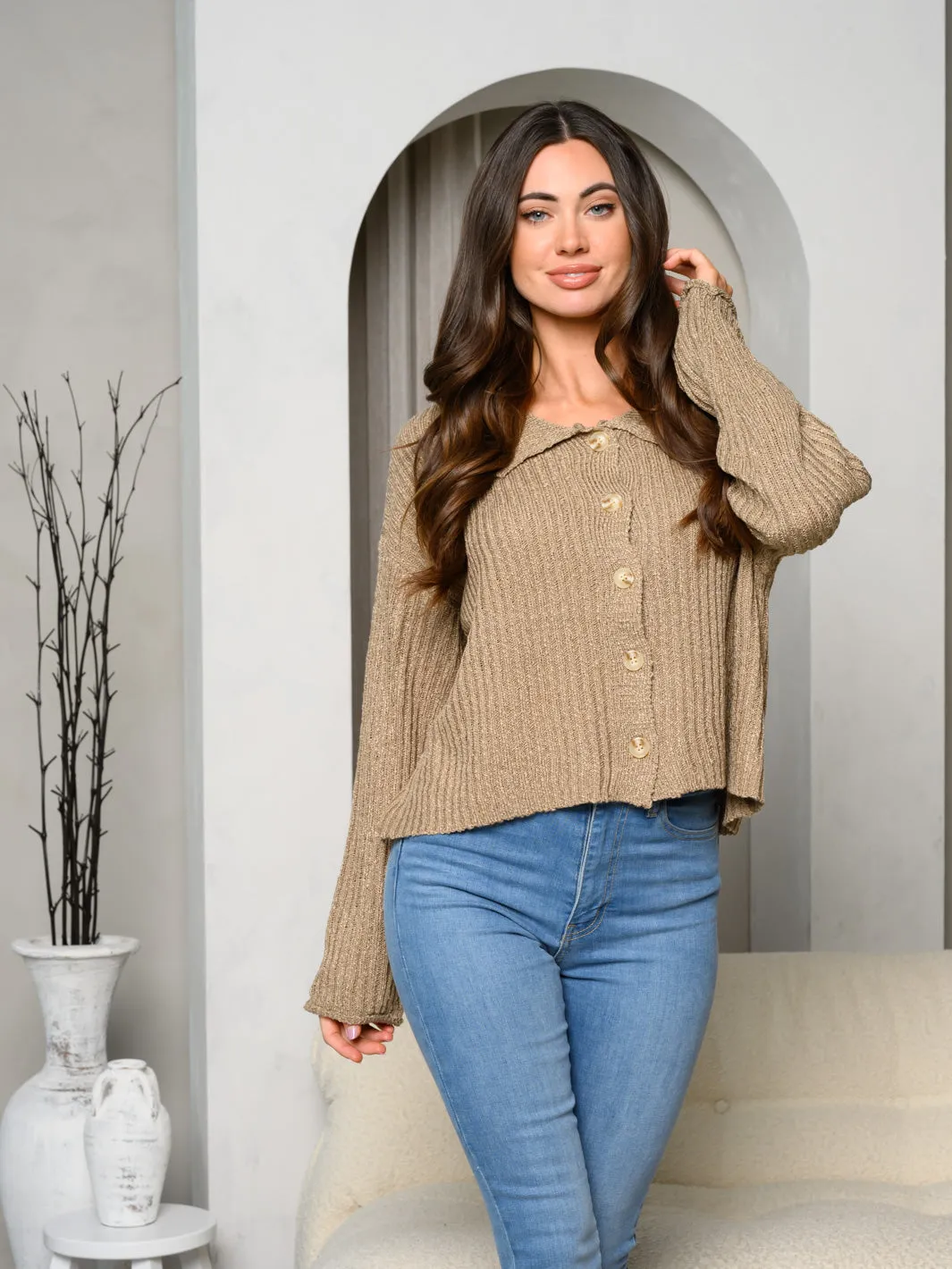 WOMEN'S LONG BELL SLEEVE SOLID RIBBED BUTTON UP TOP
