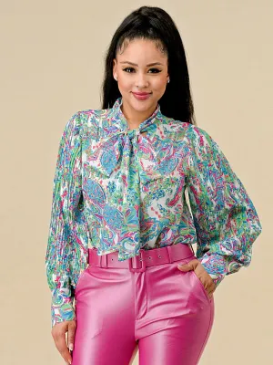WOMEN'S LONG PLEATED SLEEVES BUTTON UP PAISLEY PRINT BLOUSE