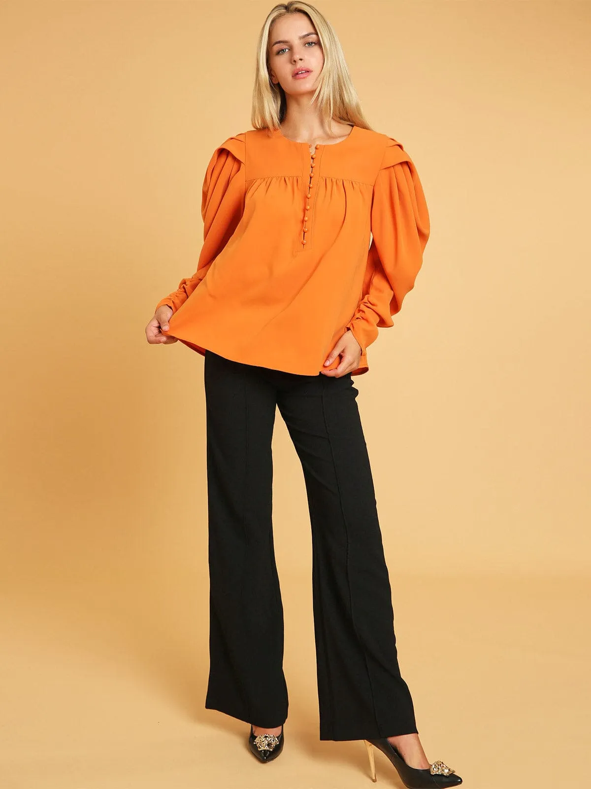 WOMEN'S LONG PUFF SLEEVE BUTTON CLOSURE BLOUSE