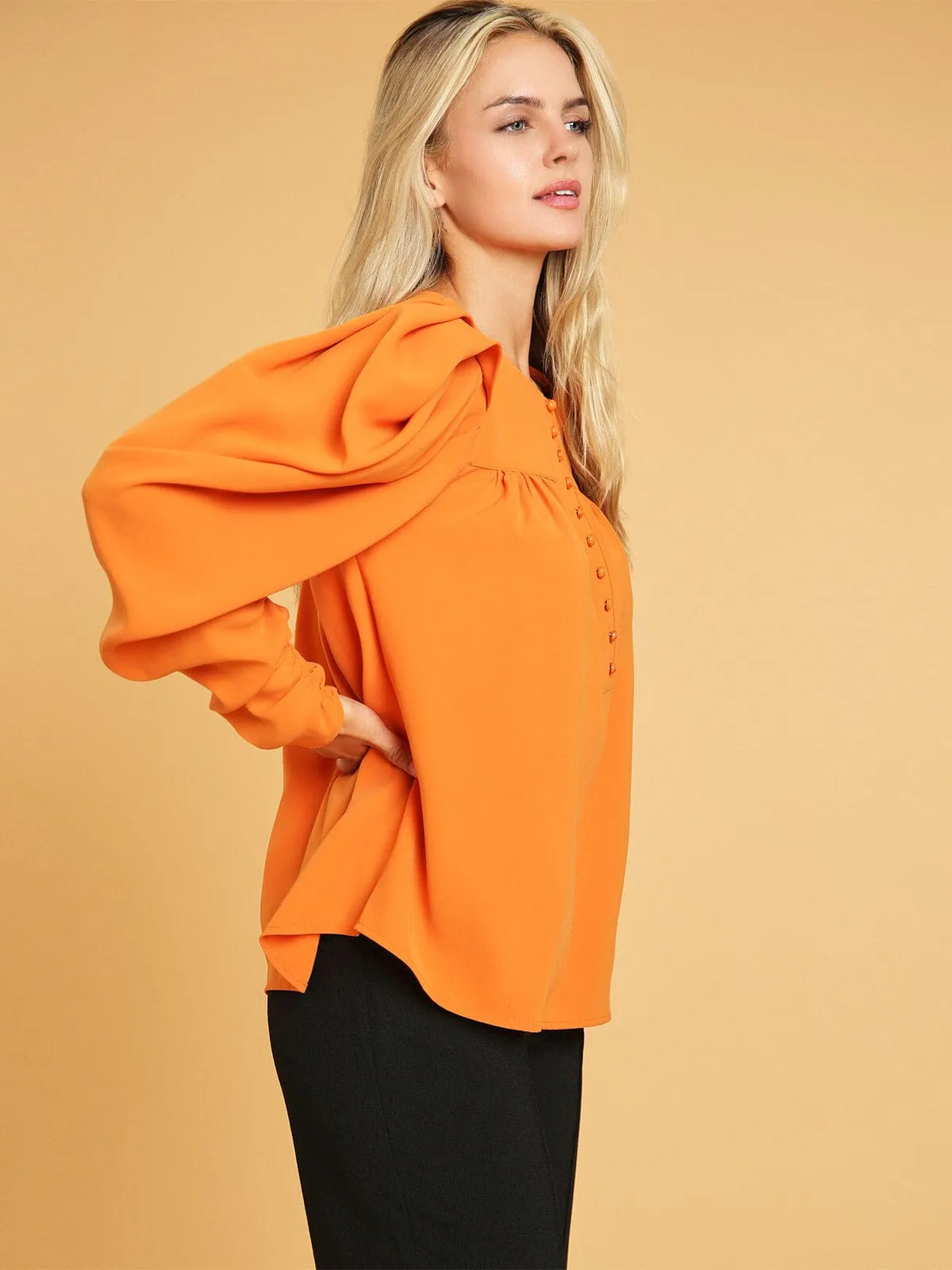WOMEN'S LONG PUFF SLEEVE BUTTON CLOSURE BLOUSE
