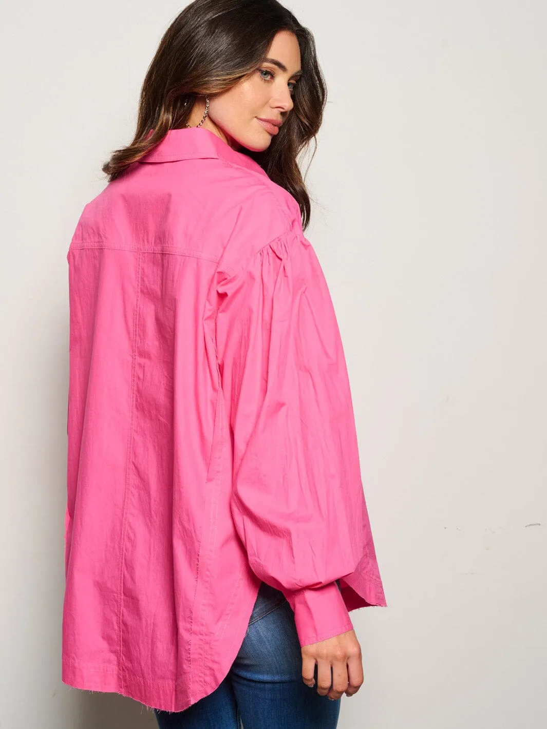 WOMEN'S LONG PUFF SLEEVE BUTTON UP BLOUSE TOP