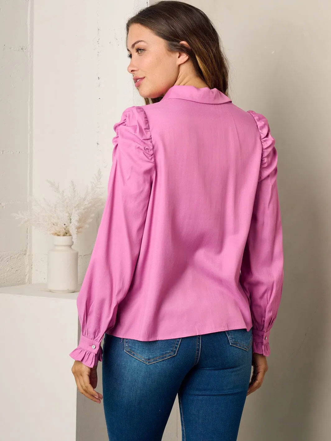 WOMEN'S LONG PUFF SLEEVE BUTTON UP BLOUSE TOP