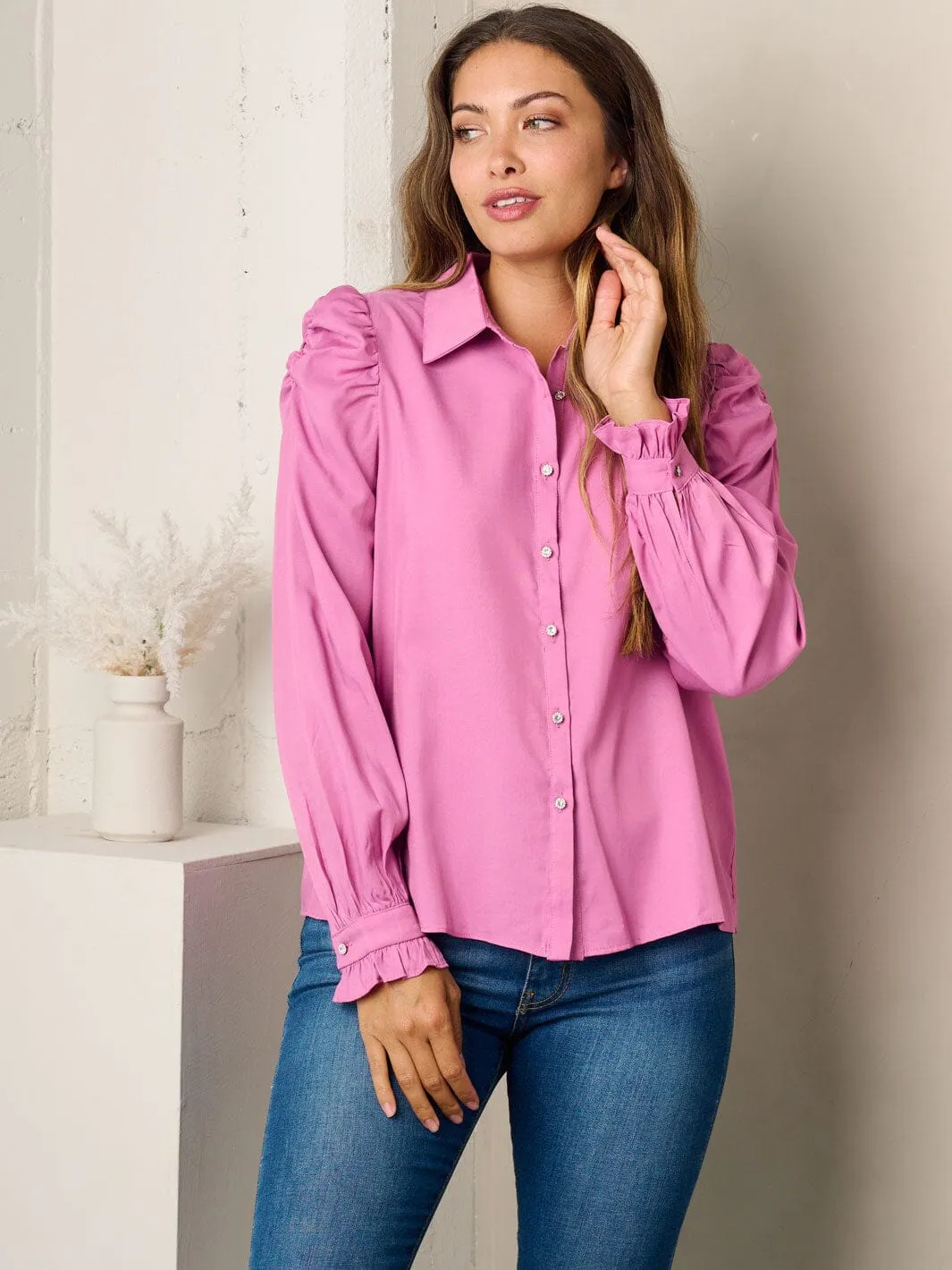 WOMEN'S LONG PUFF SLEEVE BUTTON UP BLOUSE TOP
