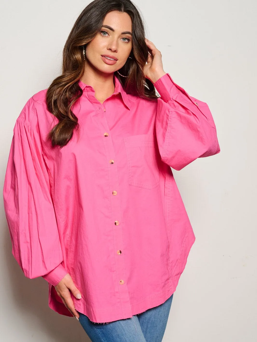 WOMEN'S LONG PUFF SLEEVE BUTTON UP BLOUSE TOP