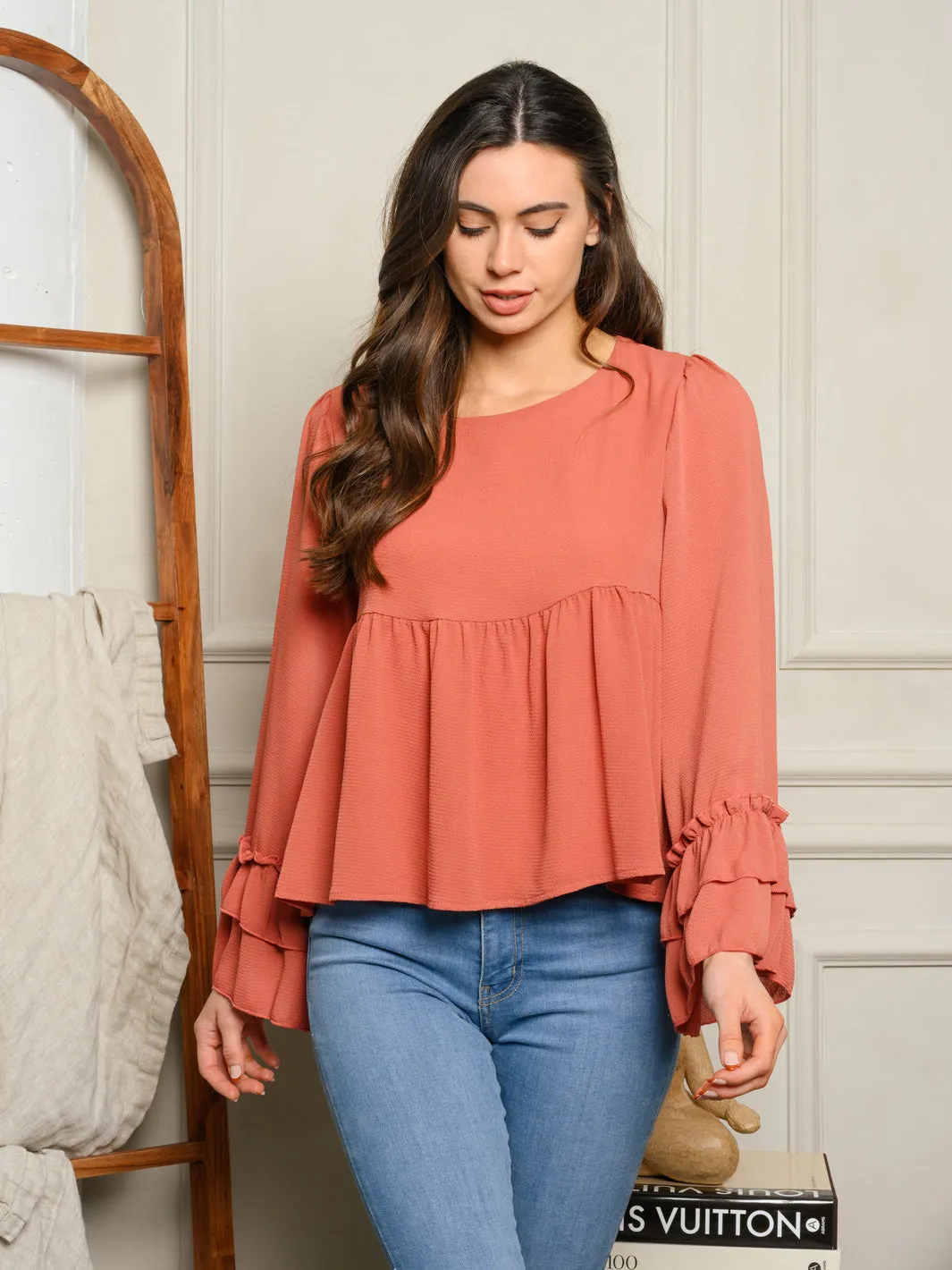 WOMEN'S LONG RUFFLE SLEEVE BABYDOLL TOP
