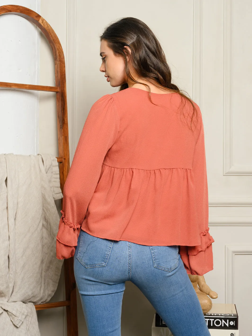 WOMEN'S LONG RUFFLE SLEEVE BABYDOLL TOP