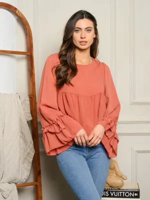 WOMEN'S LONG RUFFLE SLEEVE BABYDOLL TOP