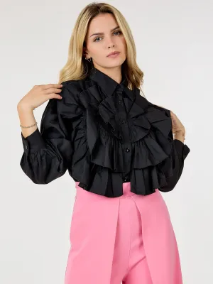 WOMEN'S LONG SLEEVE BUTTON CLOSURE RUFFLE DETAILED BLOUSE