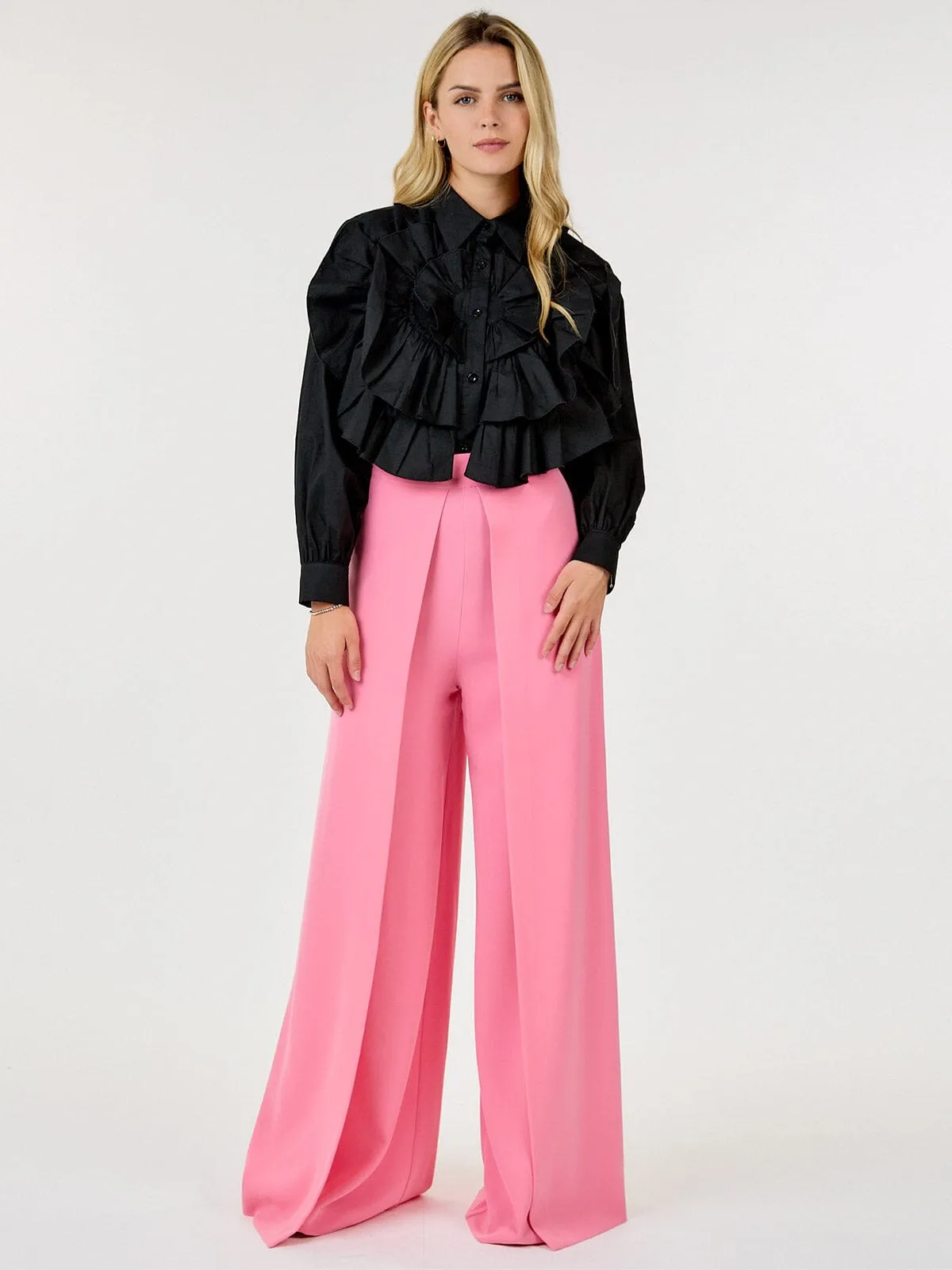 WOMEN'S LONG SLEEVE BUTTON CLOSURE RUFFLE DETAILED BLOUSE