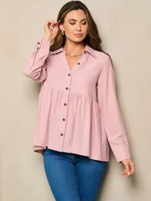 WOMEN'S LONG SLEEVE BUTTON UP BABY DOLL TOP