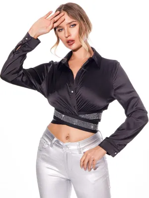 WOMEN'S LONG SLEEVE BUTTON UP BLOUSE CROP TOP