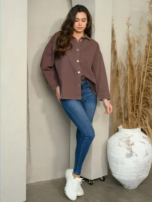 WOMEN'S LONG SLEEVE BUTTON UP COLLAR DENIM SHIRT TOP