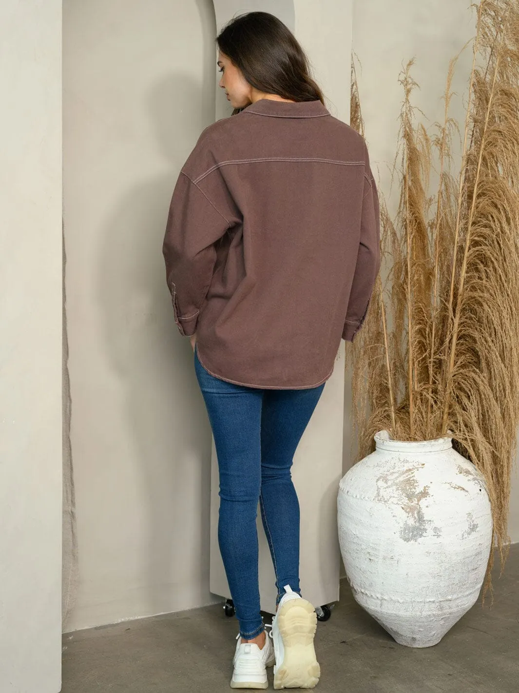 WOMEN'S LONG SLEEVE BUTTON UP COLLAR DENIM SHIRT TOP