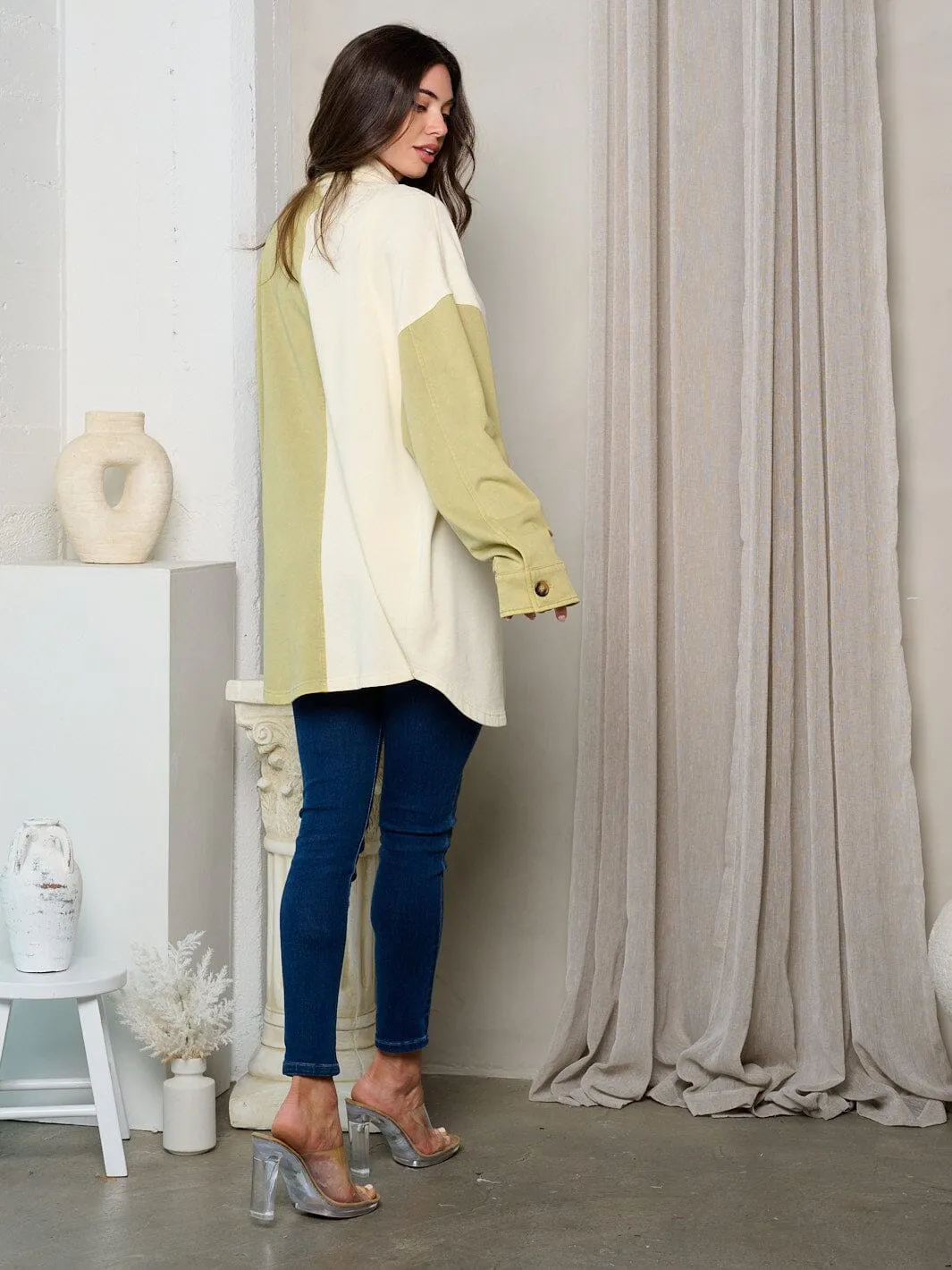 WOMEN'S LONG SLEEVE BUTTON UP COLORBLOCK OVERSIZED TOP