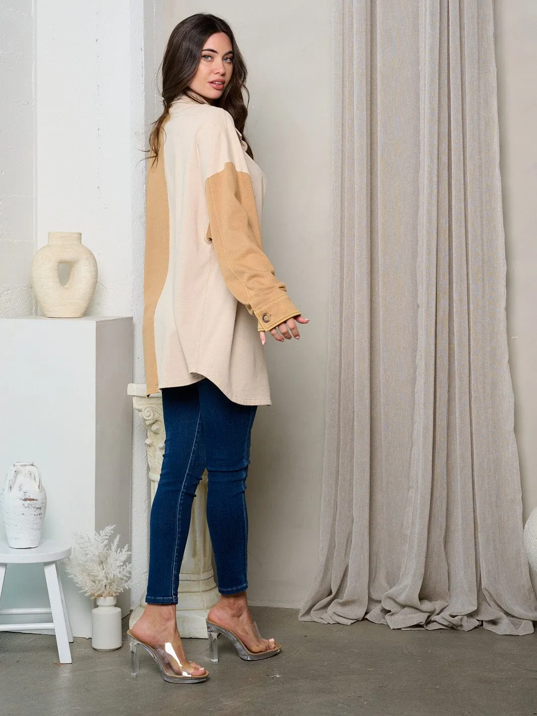 WOMEN'S LONG SLEEVE BUTTON UP COLORBLOCK OVERSIZED TOP