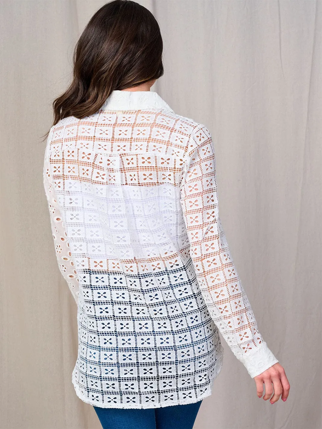 WOMEN'S LONG SLEEVE BUTTON UP EYELET BLOUSE
