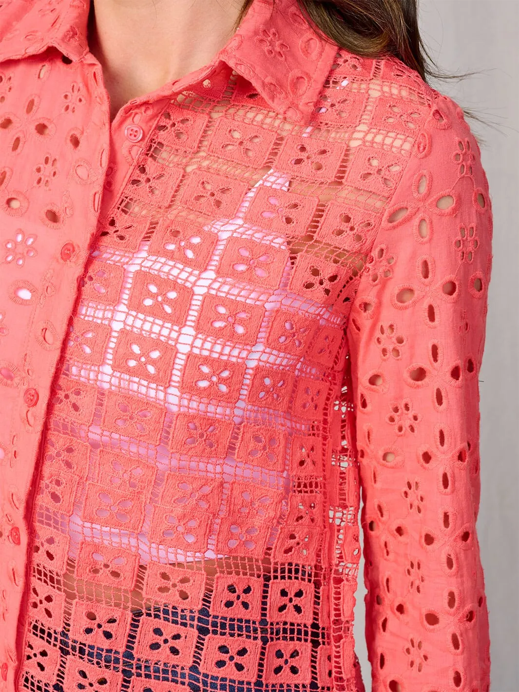 WOMEN'S LONG SLEEVE BUTTON UP EYELET BLOUSE