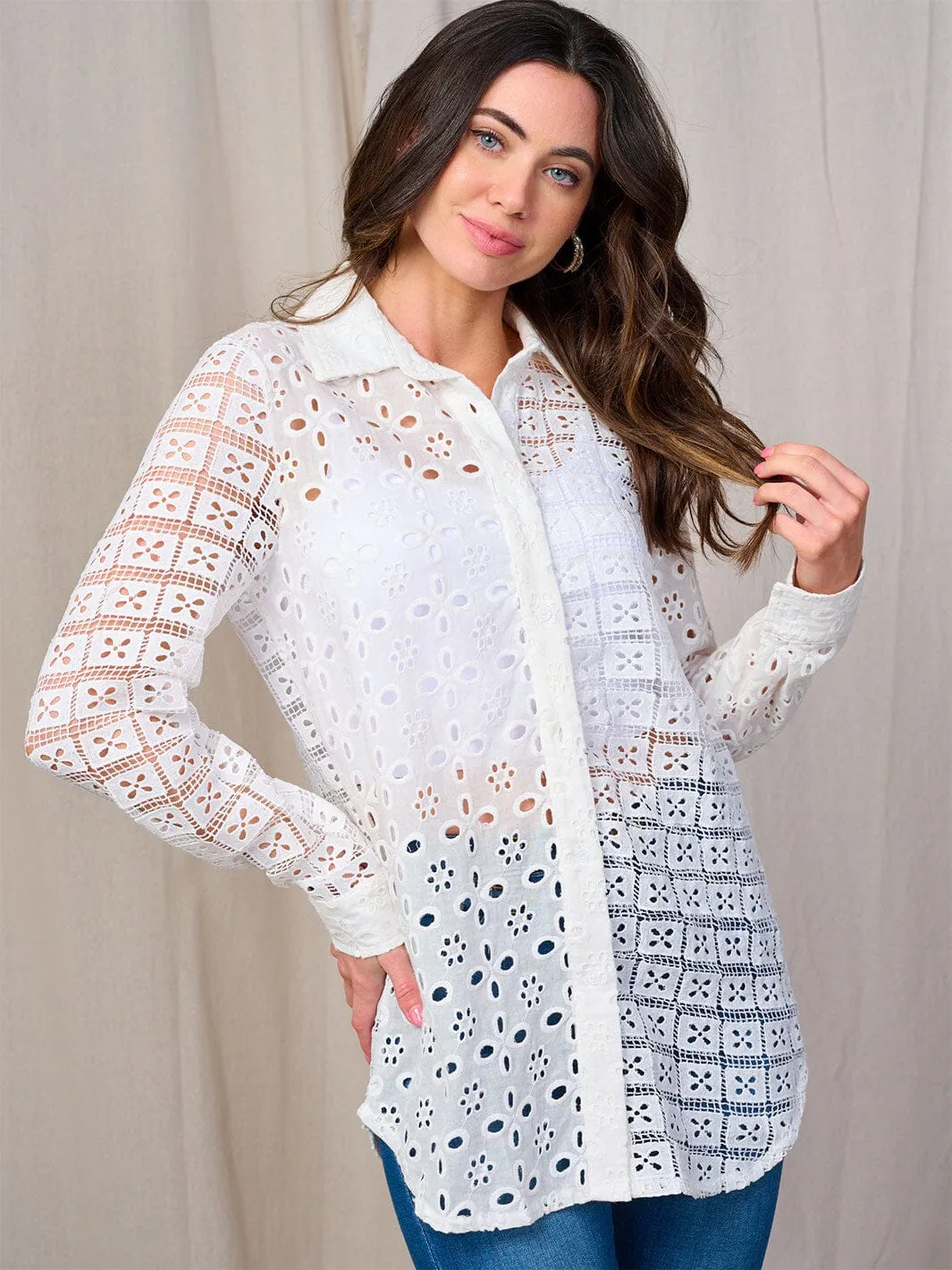 WOMEN'S LONG SLEEVE BUTTON UP EYELET BLOUSE