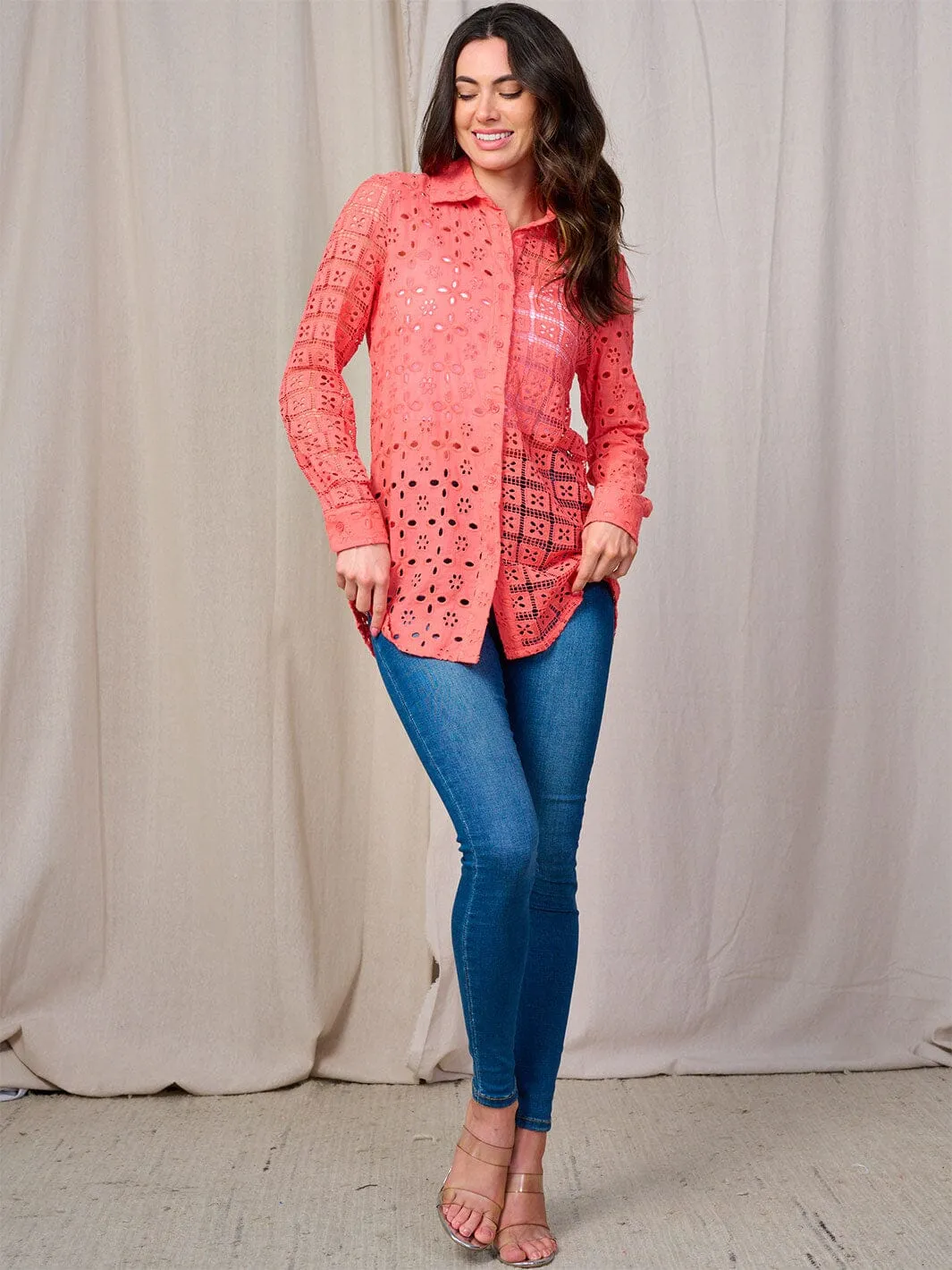 WOMEN'S LONG SLEEVE BUTTON UP EYELET BLOUSE