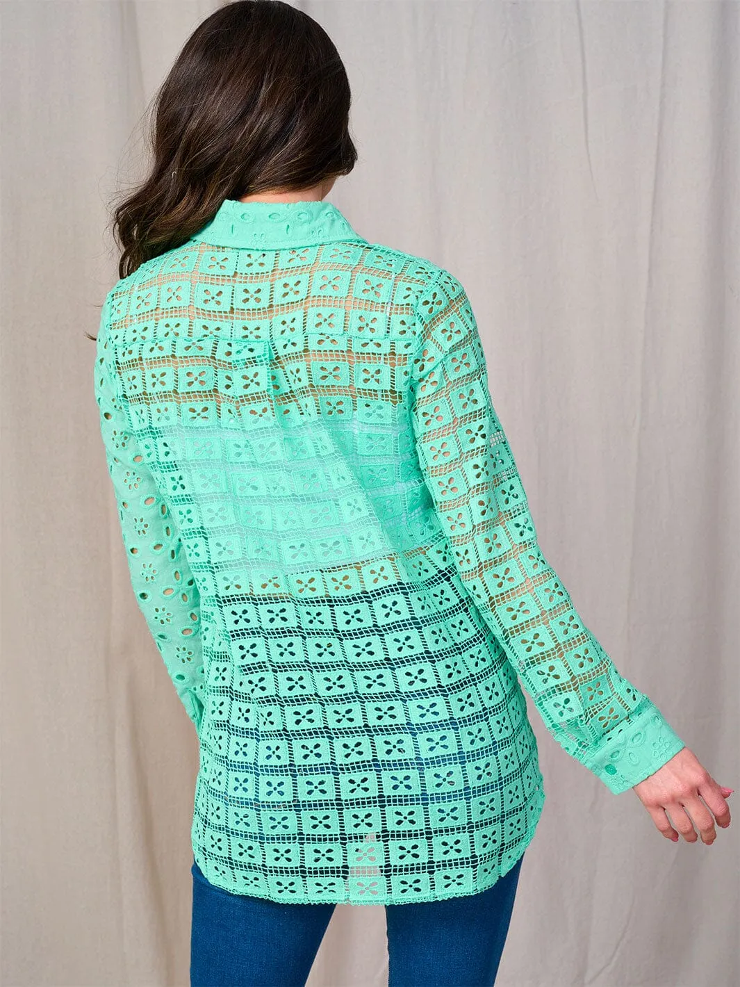 WOMEN'S LONG SLEEVE BUTTON UP EYELET BLOUSE