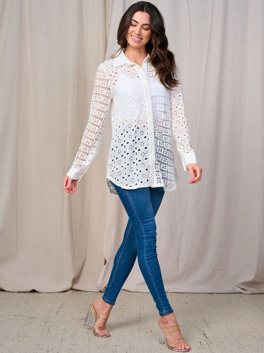 WOMEN'S LONG SLEEVE BUTTON UP EYELET BLOUSE