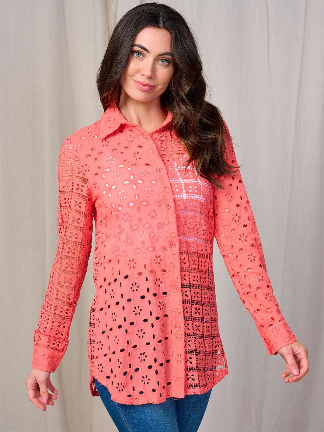 WOMEN'S LONG SLEEVE BUTTON UP EYELET BLOUSE