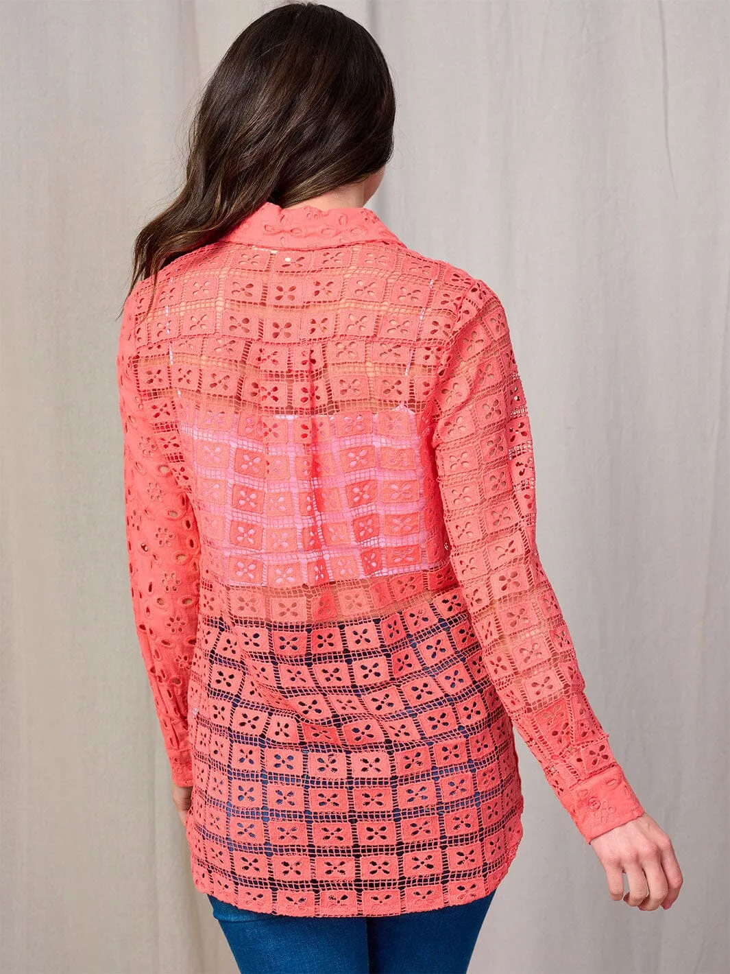 WOMEN'S LONG SLEEVE BUTTON UP EYELET BLOUSE