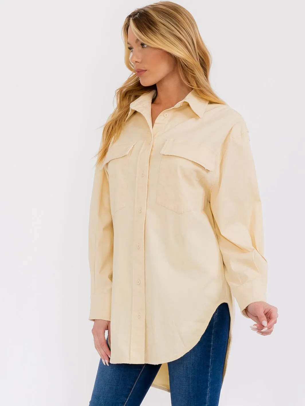 WOMEN'S LONG SLEEVE BUTTON UP FRONT POCKET OVERSIZED SHIRT