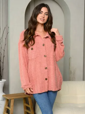 WOMEN'S LONG SLEEVE BUTTON UP FUZZY TOP