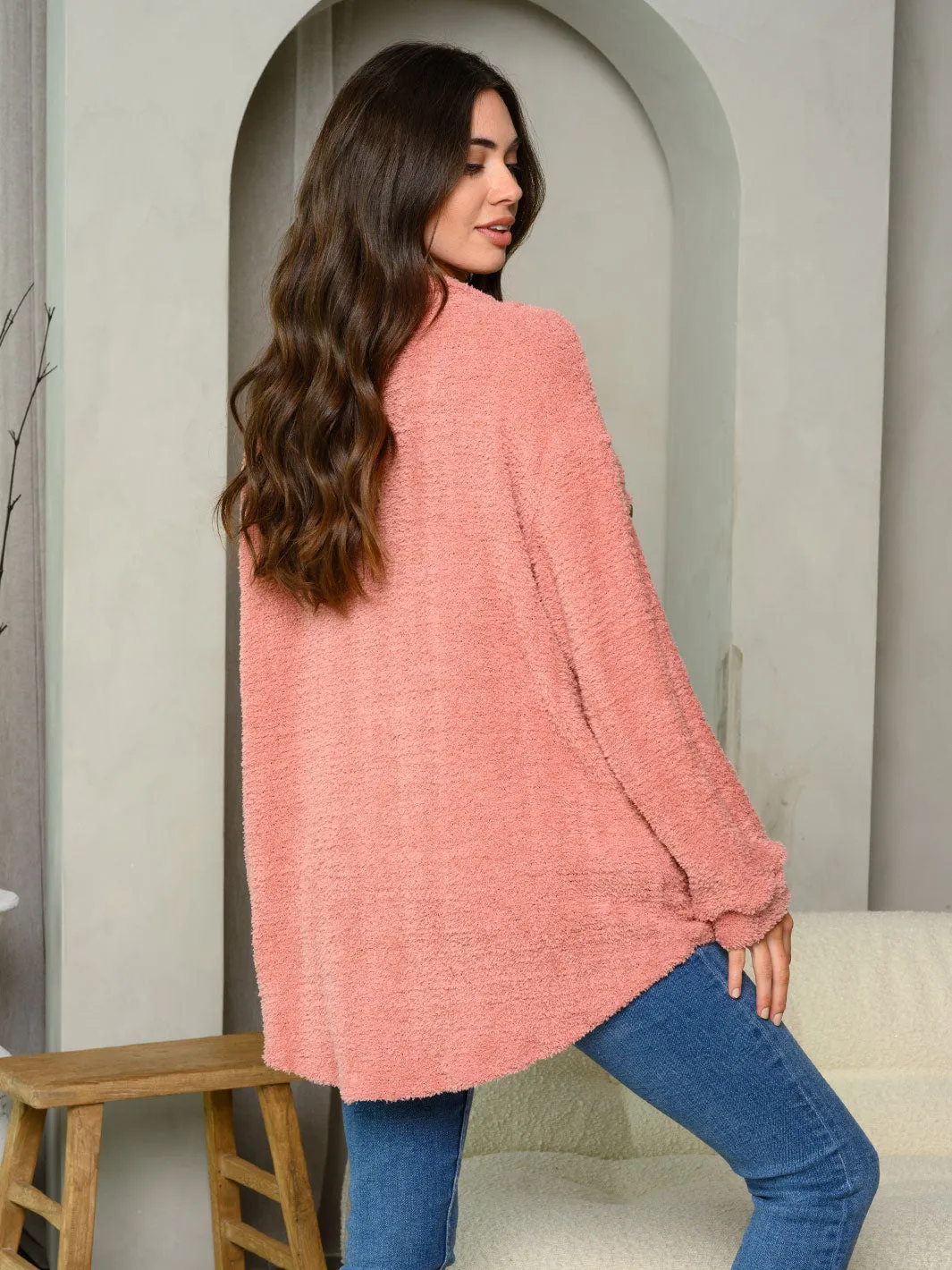 WOMEN'S LONG SLEEVE BUTTON UP FUZZY TOP