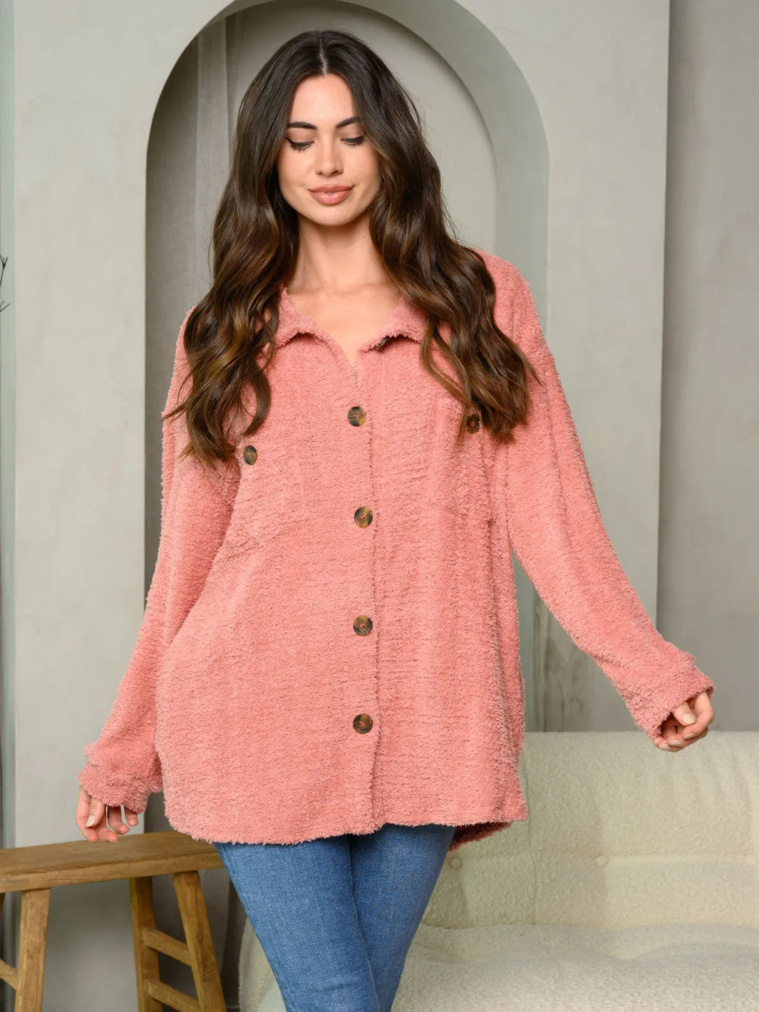 WOMEN'S LONG SLEEVE BUTTON UP FUZZY TOP