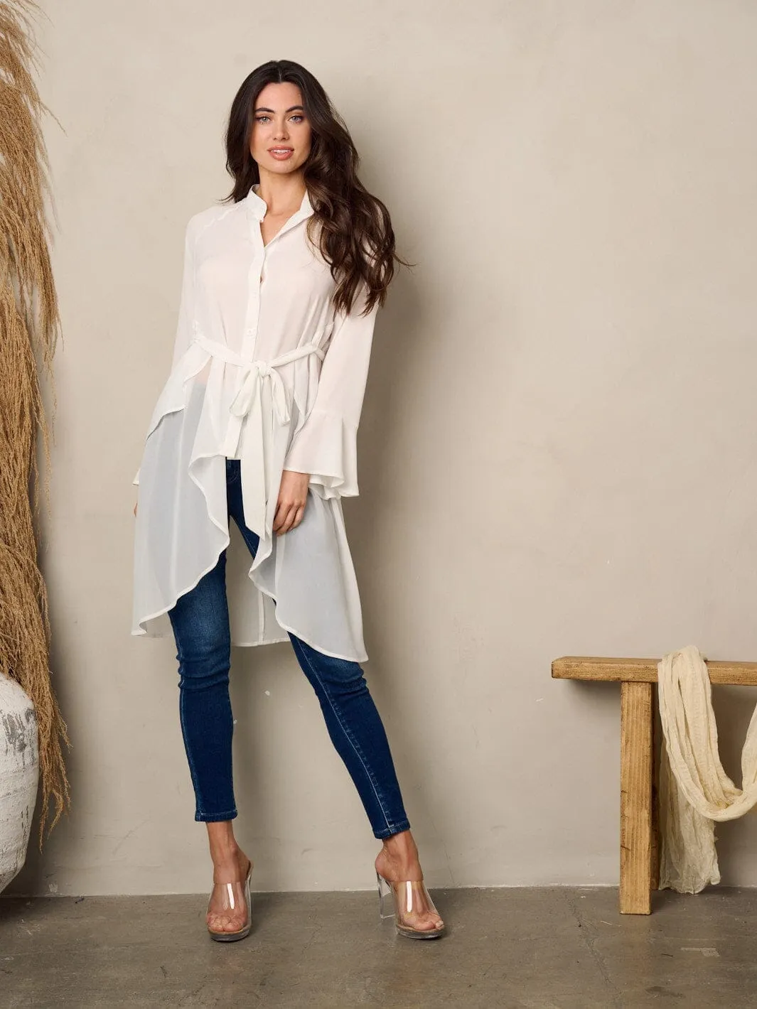 WOMEN'S LONG SLEEVE BUTTON UP HI-LOW BLOUSE TOP