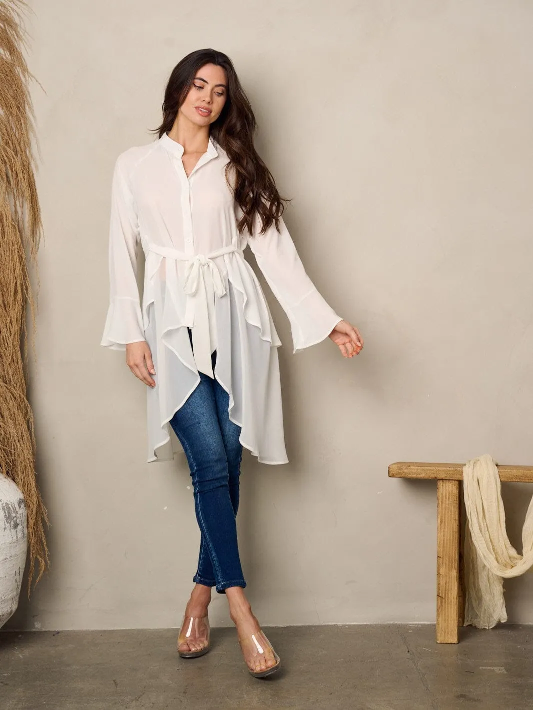 WOMEN'S LONG SLEEVE BUTTON UP HI-LOW BLOUSE TOP