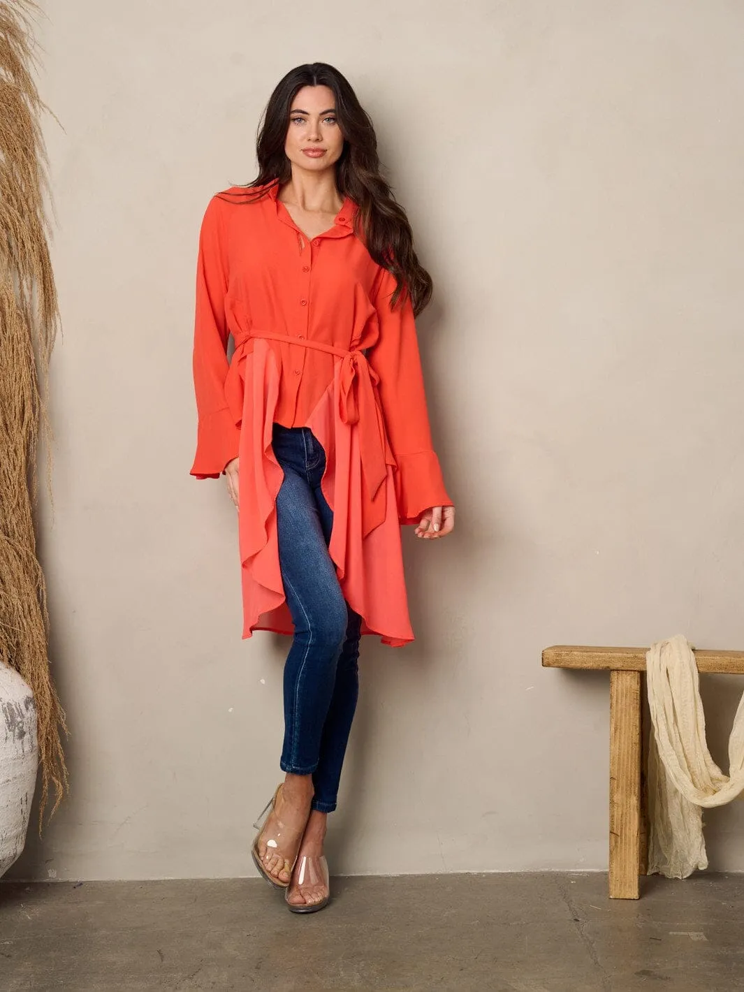 WOMEN'S LONG SLEEVE BUTTON UP HI-LOW BLOUSE TOP