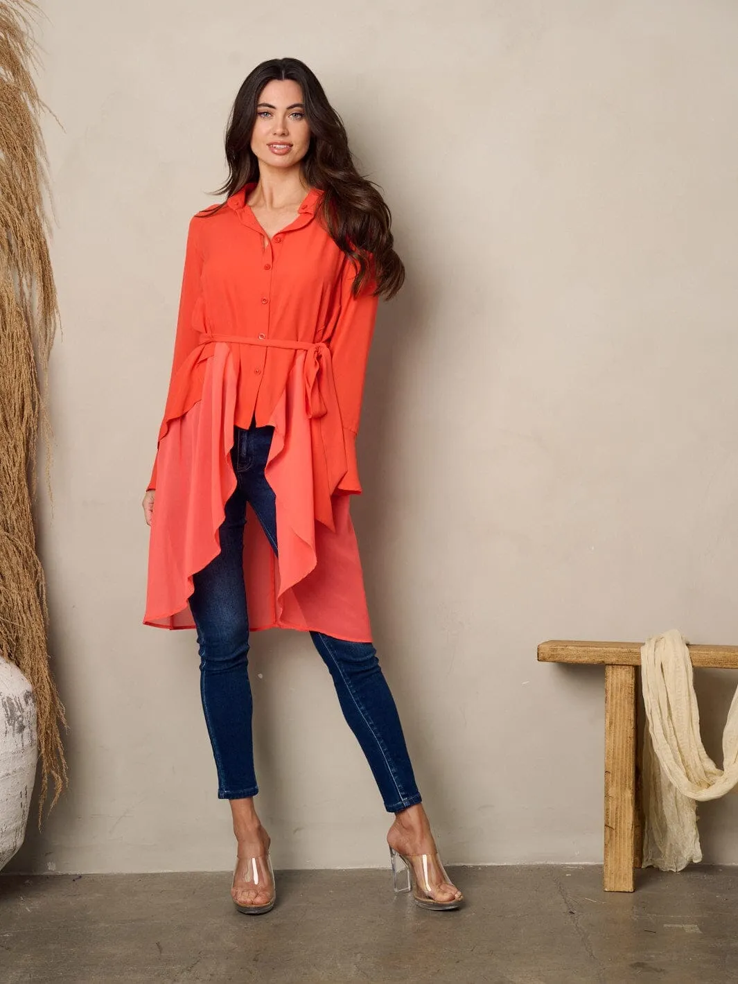 WOMEN'S LONG SLEEVE BUTTON UP HI-LOW BLOUSE TOP