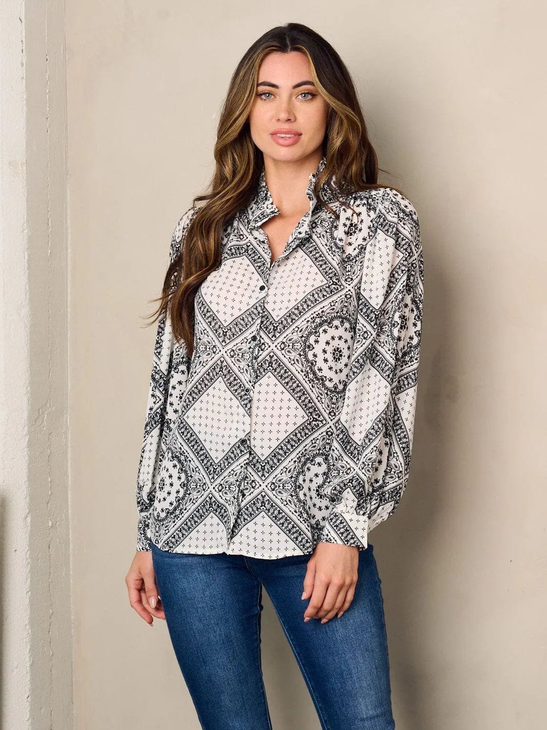 WOMEN'S LONG SLEEVE BUTTON UP PRINTED BLOUSE TOP