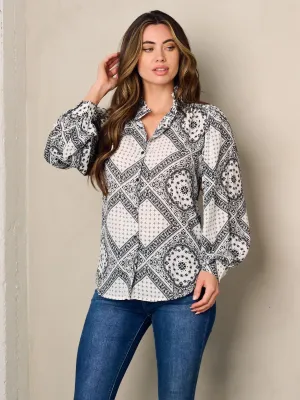 WOMEN'S LONG SLEEVE BUTTON UP PRINTED BLOUSE TOP