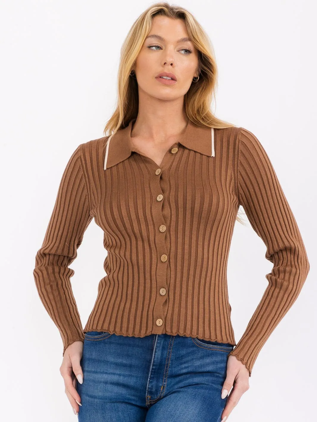 WOMEN'S LONG SLEEVE BUTTON UP RIBBED BLOUSE TOP
