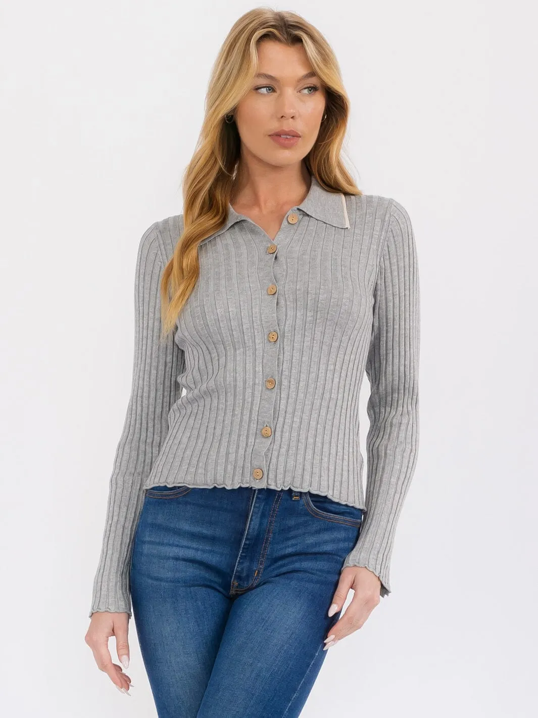 WOMEN'S LONG SLEEVE BUTTON UP RIBBED BLOUSE TOP