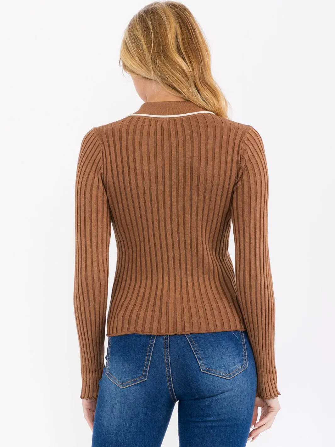 WOMEN'S LONG SLEEVE BUTTON UP RIBBED BLOUSE TOP