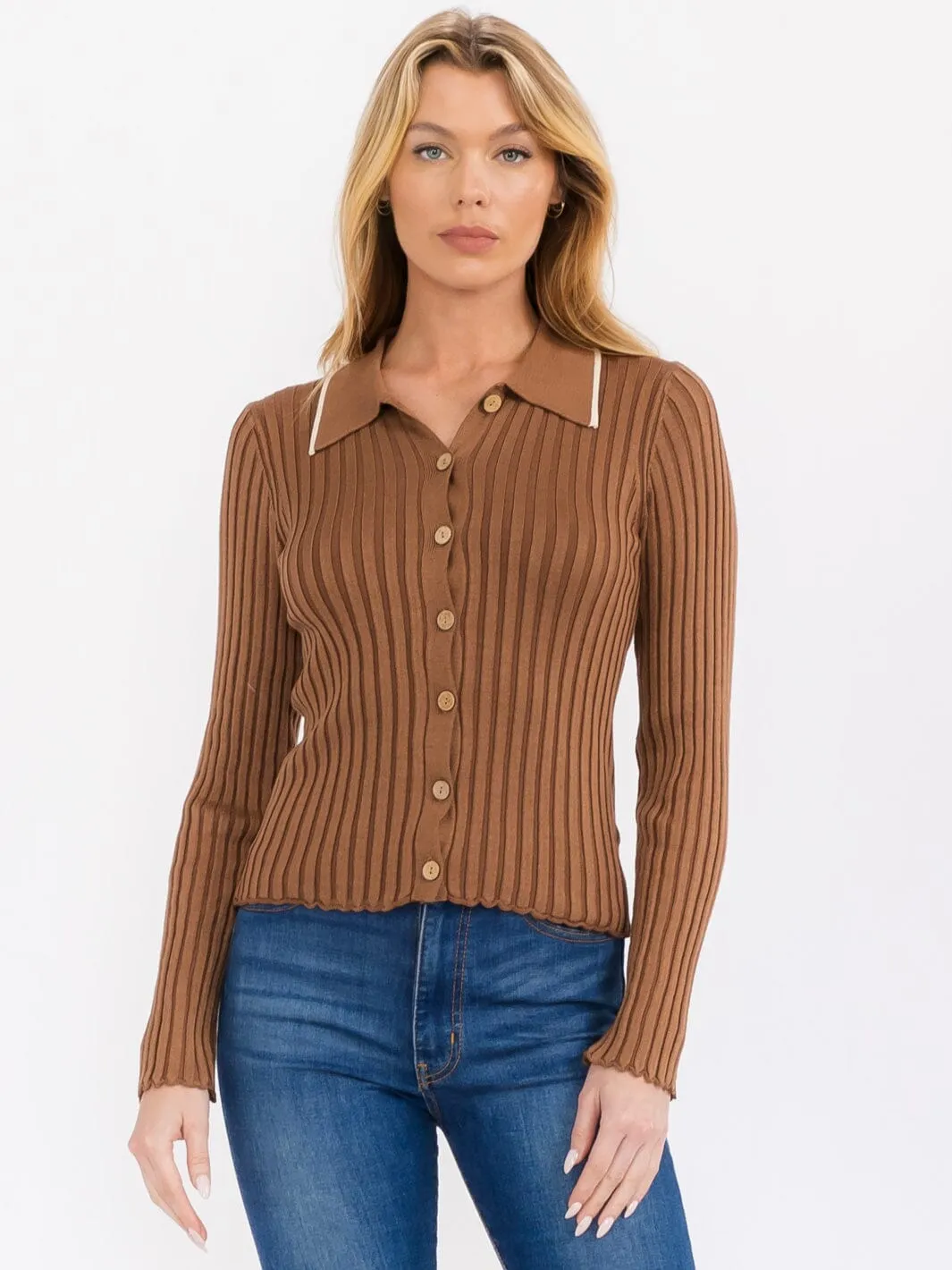 WOMEN'S LONG SLEEVE BUTTON UP RIBBED BLOUSE TOP