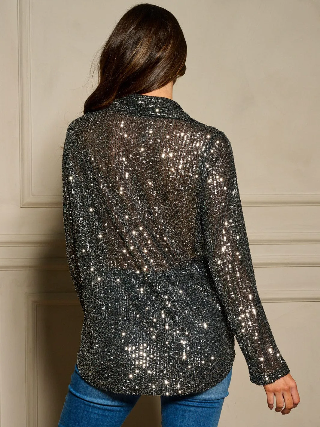 WOMEN'S LONG SLEEVE BUTTON UP SEQUINS BLOUSE TOP