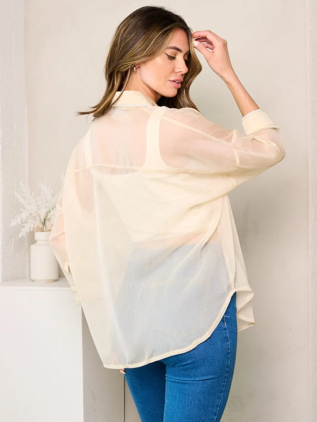WOMEN'S LONG SLEEVE BUTTON UP SHEER TOP
