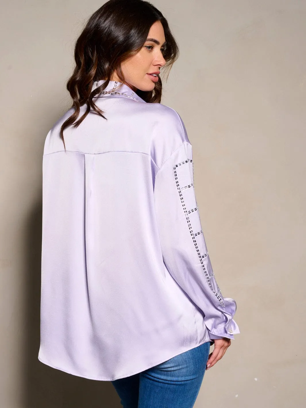 WOMEN'S LONG SLEEVE BUTTON UP STUDS DETAILED BLOUSE TOP