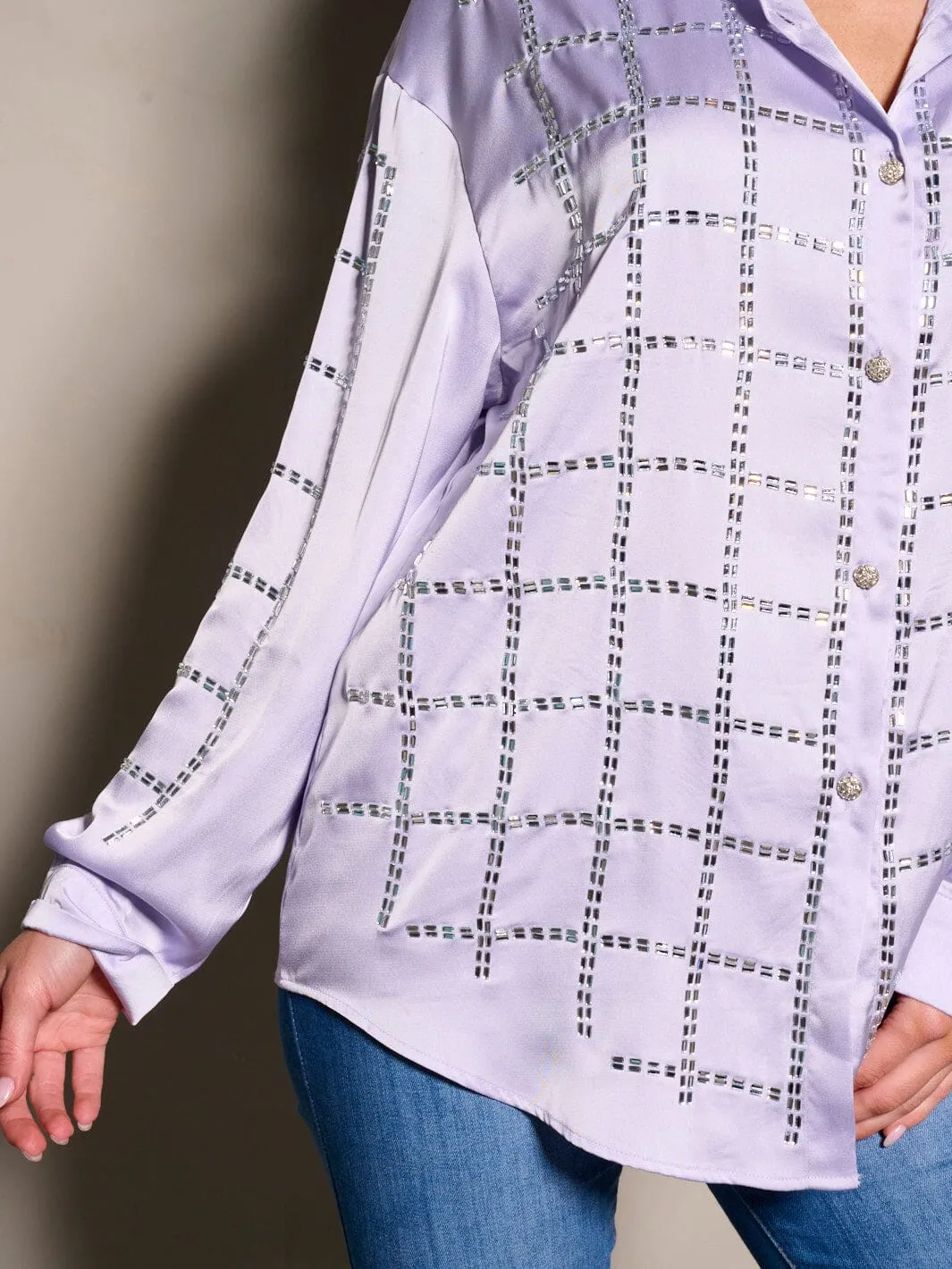 WOMEN'S LONG SLEEVE BUTTON UP STUDS DETAILED BLOUSE TOP