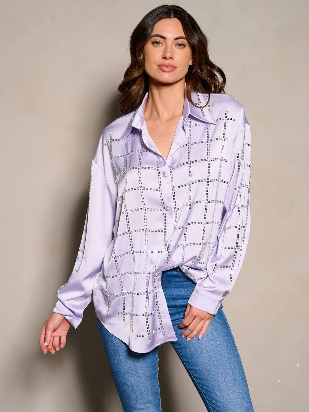 WOMEN'S LONG SLEEVE BUTTON UP STUDS DETAILED BLOUSE TOP