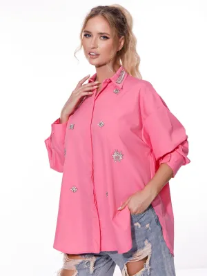 WOMEN'S LONG SLEEVE BUTTON UP STUDS DETAILED OVERSIZE TOP