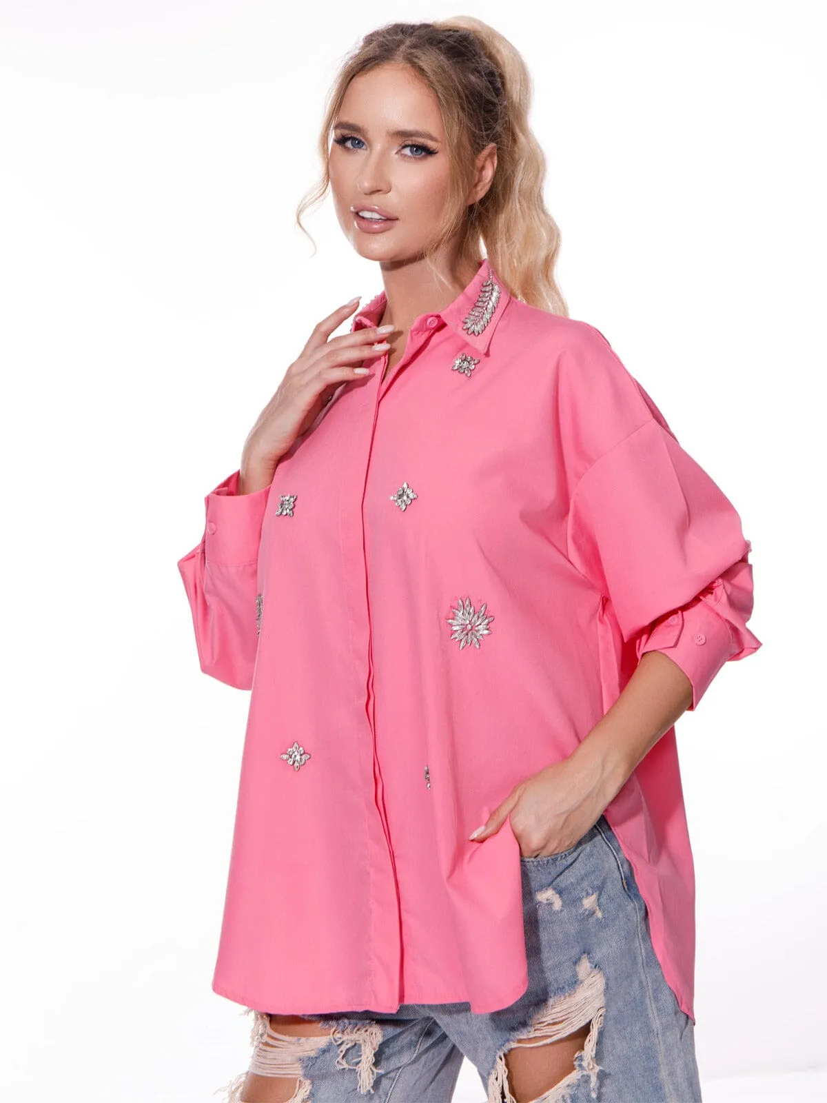 WOMEN'S LONG SLEEVE BUTTON UP STUDS DETAILED OVERSIZE TOP