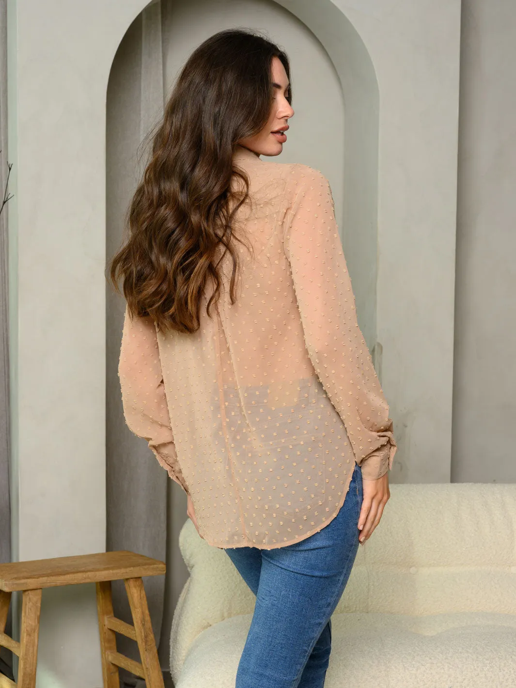WOMEN'S LONG SLEEVE BUTTON UP SWISS DOT TOP