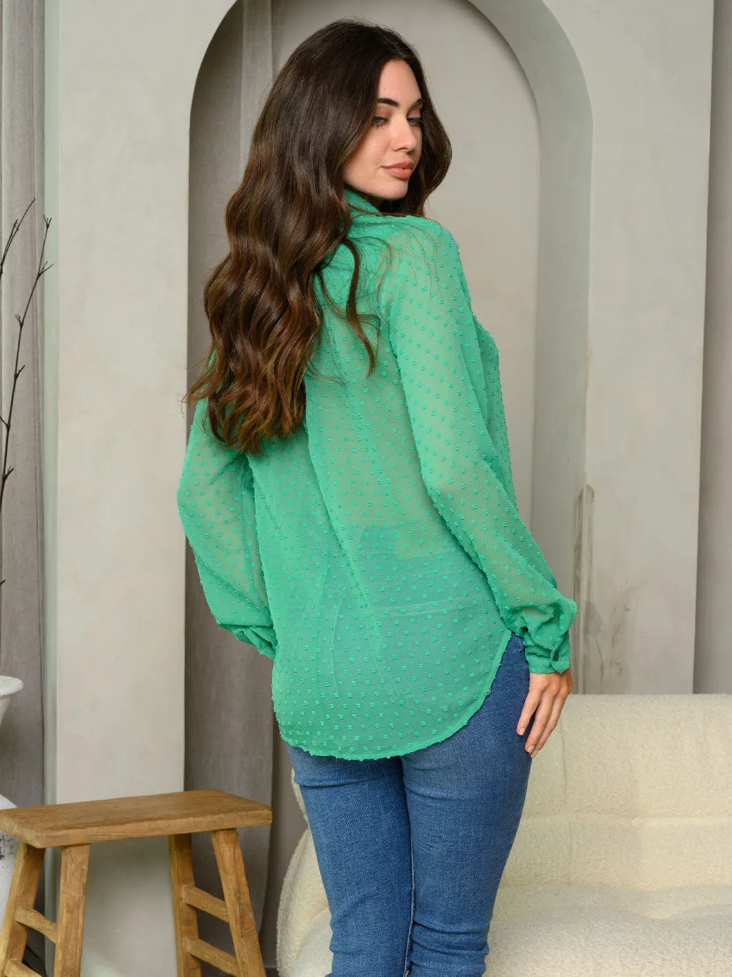 WOMEN'S LONG SLEEVE BUTTON UP SWISS DOT TOP